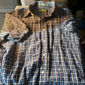 Orvis Mens Button Up Plaid Linen Shirt Color Blue/White Size Large
